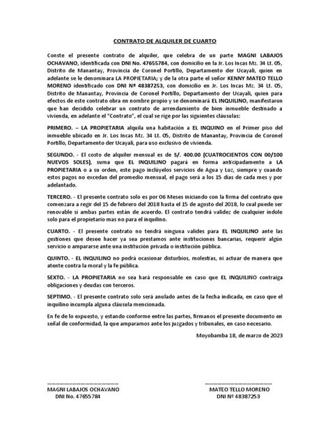 Contrato De Alquiler De Cuarto Pdf