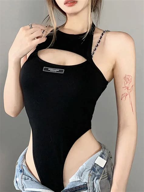 Slim Stylish Bustier Black Cutout Neckline Lingerie Sexy Sleeveless Lace Up Streetwear Bodysuit