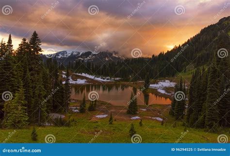 Tipsoo Lake at Sunset in Mt Rainier NP Stock Image - Image of lake ...