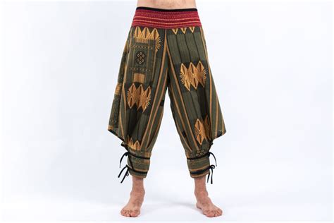 Thai Hill Tribe Fabric Mens Harem Pants With Ankle Straps In Olive