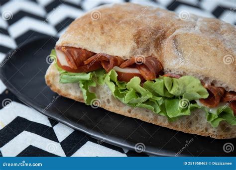 Traditional Italian Bread Ciabatta With Pepperoni Ham Stock Image