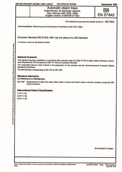 DIN EN 27842 1991 Automatic Steam Traps Determination Of Discharge