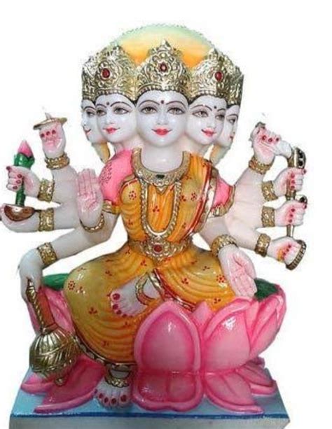 Painted Hindu White Marble Panchmukhi Gaytri Statue For Temple Size