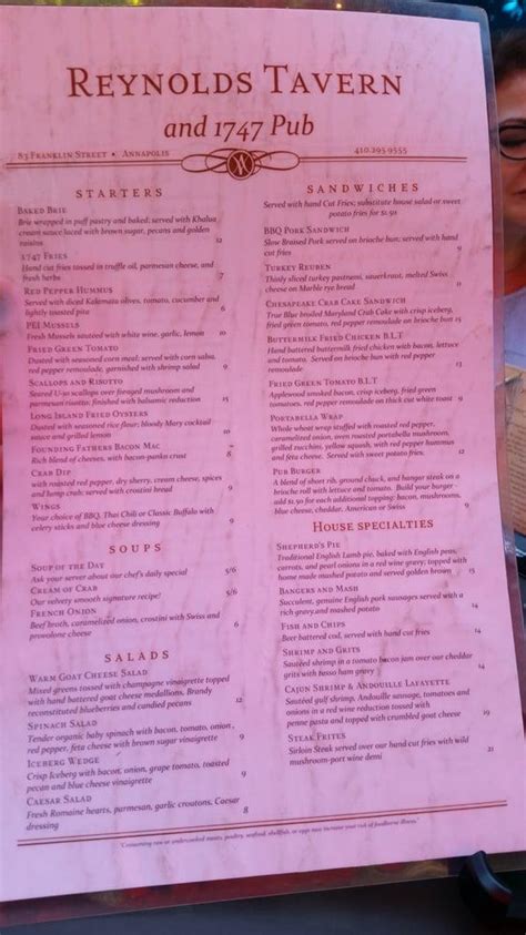 Menu At Reynolds Tavern And Pub Annapolis