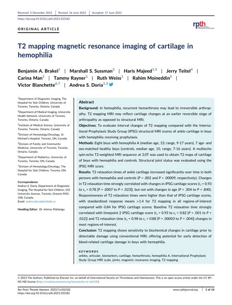 Pdf T Mapping Magnetic Resonance Imaging Of Cartilage In Hemophilia