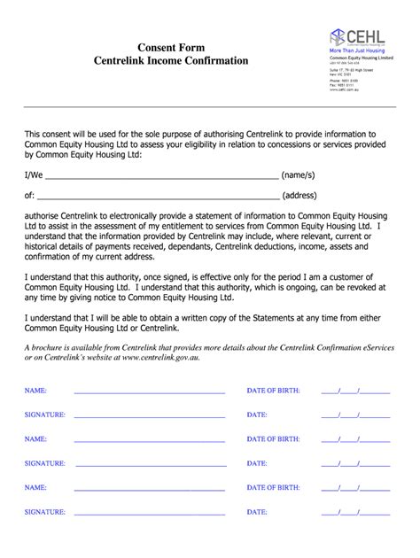 Fillable Online Consent Form Centrelink Income Confirmation Cehlcomau