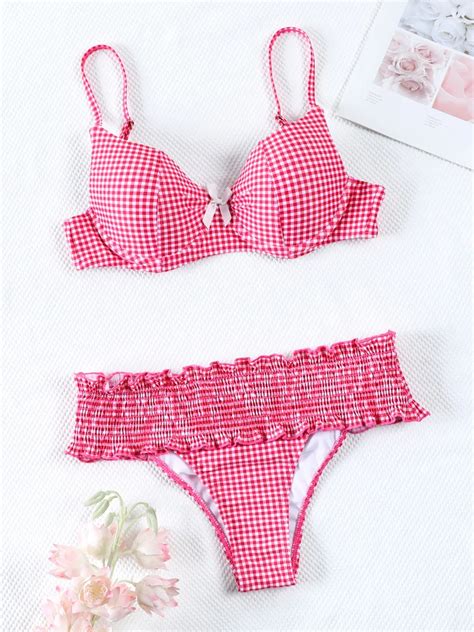 Pink Color Bikinis Push Up Swimsuit Women Bow Bikini Set String Swimwear Ruffle Beachwear Two