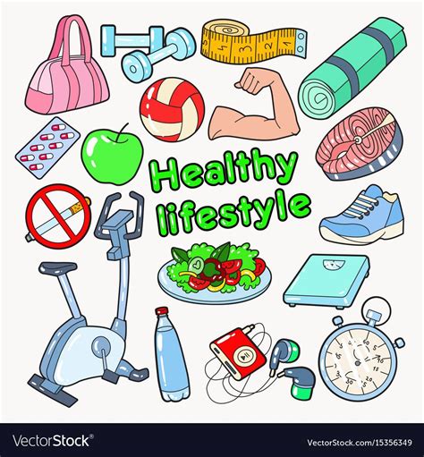 Healthy Lifestyle Sport Doodle With Gym Food And Vitamins Vector