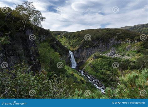 Landscape Of Kamchatka Peninsula Cascade Of Mountain Waterfall High