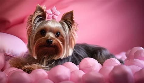 Hermoso Yorkshire Terrier Acostado Sobre Una Almohada Rosa Al Estilo