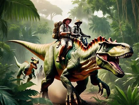 Exploration Adventurous Men Riding Dinosaurs In The Lush African Jungle