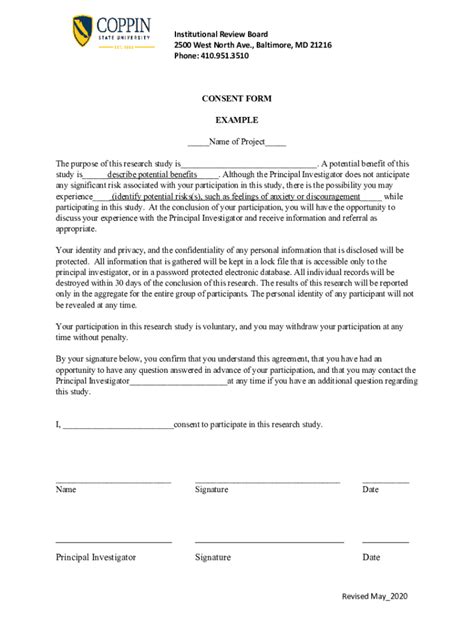 Fillable Online Institutional Review Board Example Consent Form Fax