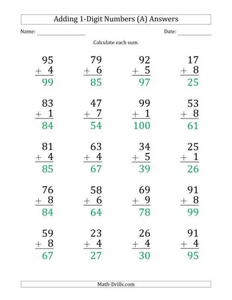 Two Digit Plus One Digit Addition With Some Regrouping 16 Questions Large Print A