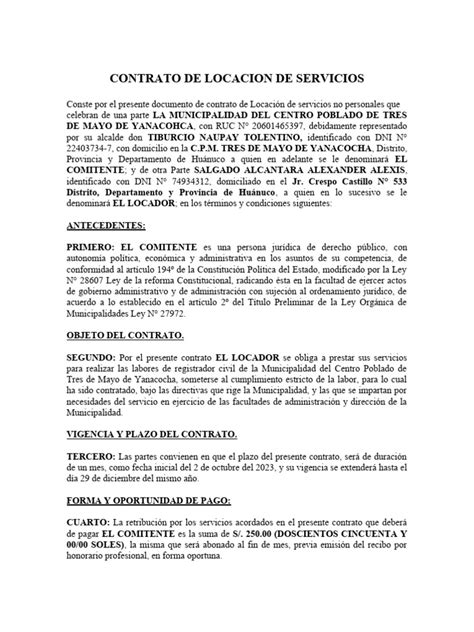 Contrato De Trabajo Por Locacion De Servicios Pdf Gobierno Local Gobernancia