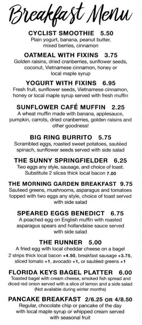 Sunflower Cafe Menu, Cooperstown, NY