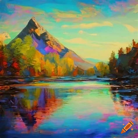 Impressionism Painting Of A Diamond River Flowing Down A Mountain On