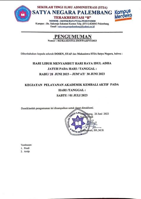 Pengumuman Libur Menyambut Hari Raya Idul Adha 1444 H Stia Satya Negara