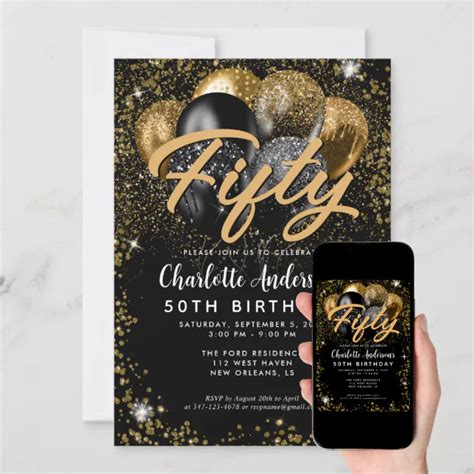 Modern Black Gold Glitter Balloon Any Age Birthday Invitation Zazzle