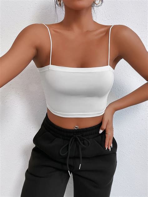 SHEIN PETITE Solid Slim Crop Cami Top Top Bianchi Moda Shein