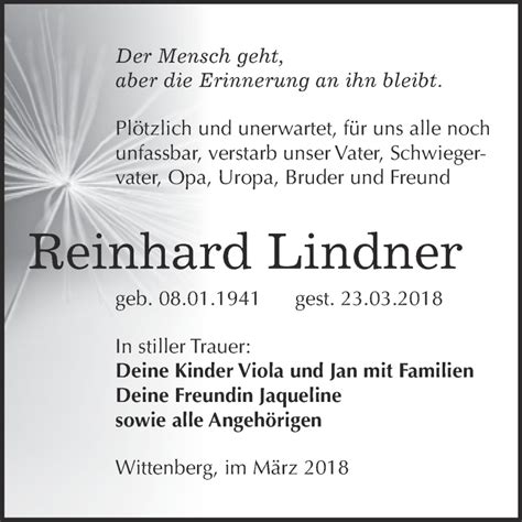 Traueranzeigen Von Reinhard Lindner Abschied Nehmen De