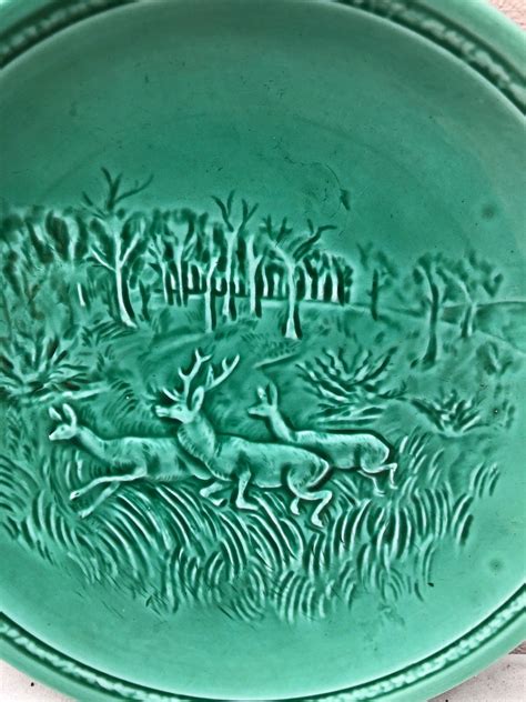 French Green Majolica Deers Plate Sarreguemines Circa 1920 For Sale At