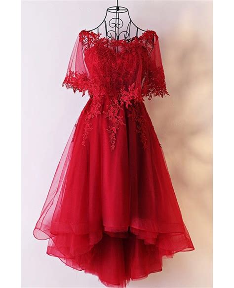 Unique Burgundy High Low Tulle Cheap Prom Dress With Appliques Myx18200