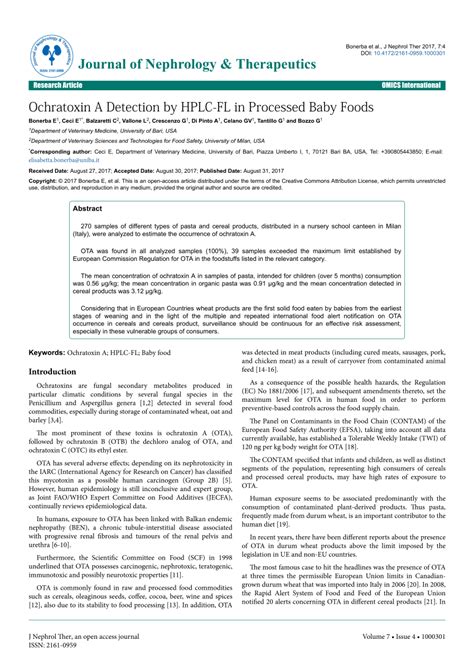 (PDF) Ochratoxin A Detection by HPLC-FL in Processed Baby Foods