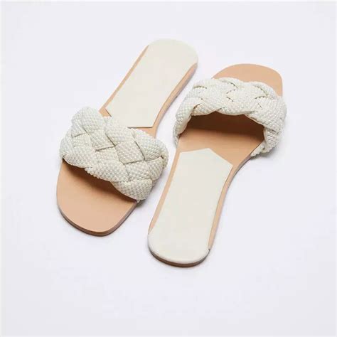 Zomer Witte Faux Parel Gevlochten Platte Sandalen Grandado