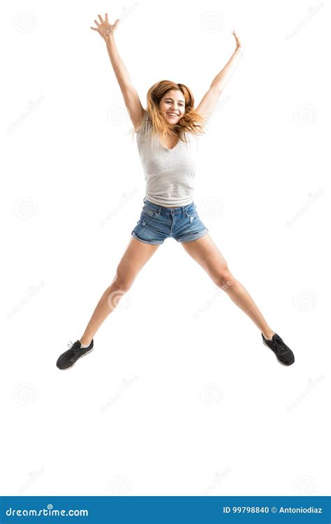 Excited Woman Jumping Stock Photo Image Of Woman Jumping 99798840