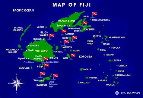 Fiji Islands Map: Viti Levu, Kadavu, Taveuni, Koro Sea - Dive The World