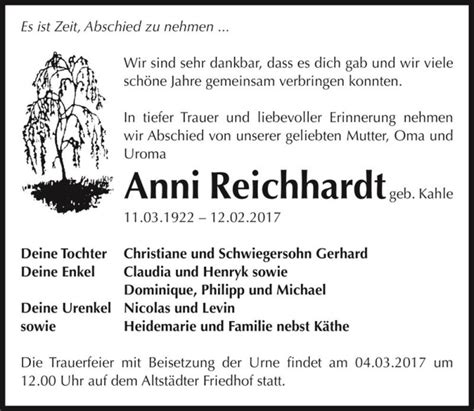 Traueranzeigen Von Anni Reichhardt Geb Kahle Abschied Nehmen De