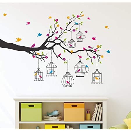 Decals Design Tree Branches With Leaves Birds And Cages Wall Sticker