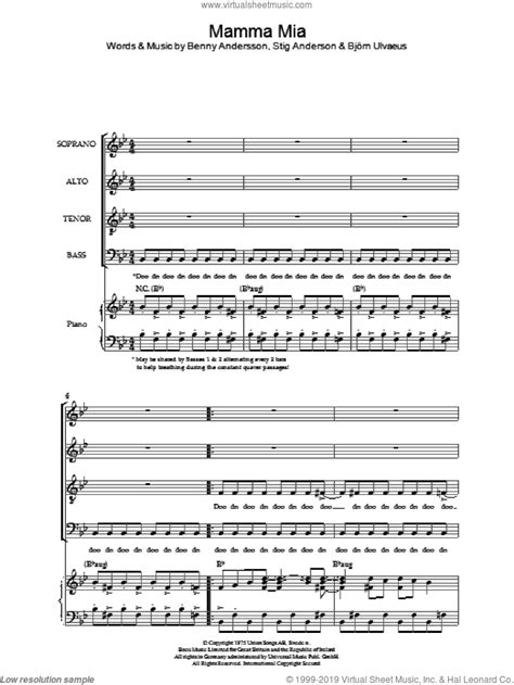 Abba Mamma Mia Sheet Music For Choir Satb Soprano Alto Tenor Bass