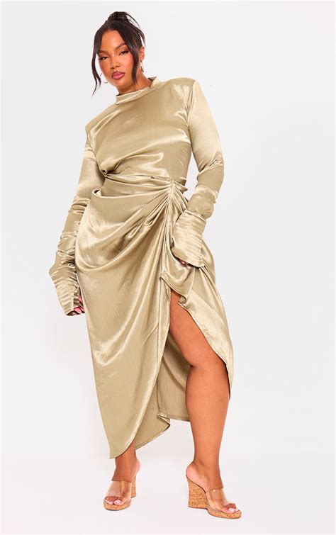 Plus Olive High Neck Ruching Satin Midi Dress Plus Size