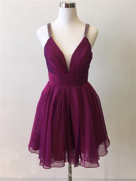 Spaghetti Strap V Neck Purple Homecoming Dresses Short Chiffon Hoco