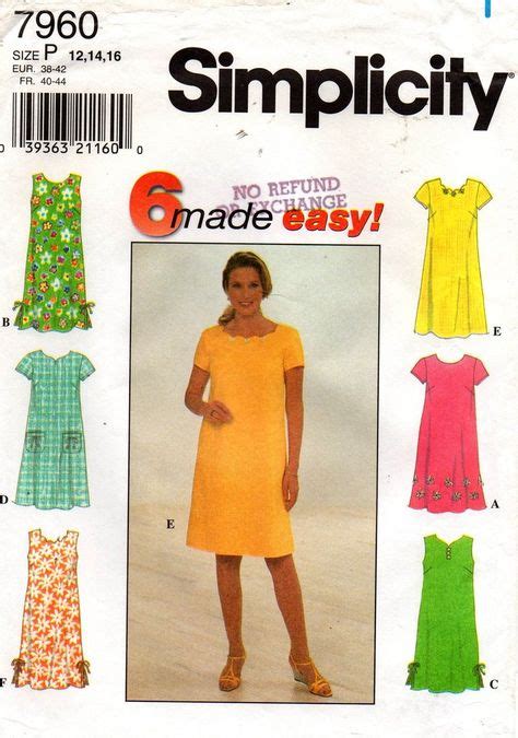 Simplicity 7960 Womens Easy Shift Dresses 90s Vintage Sewing Pattern Size 12 14 16 Uncut Factory