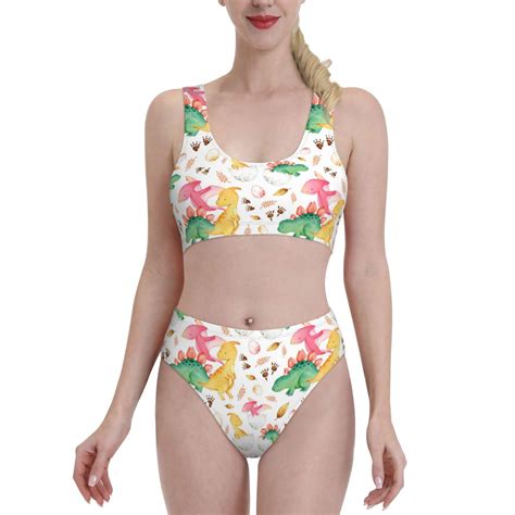 Lukts Women High Waisted Bikini Set Cute Baby Dinosaurs Swimsuit 2