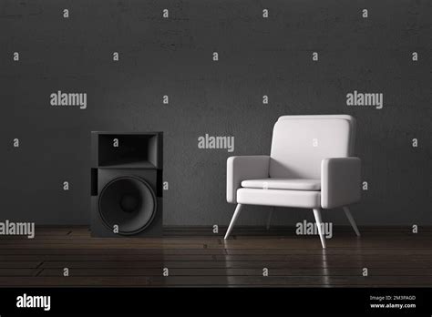 Modern White Armchair And A Woofer Speaker In A Dark Moody Interior