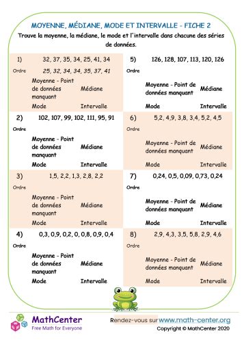 Moyenne médiane mode et intervalle fiche 2 Fiches de travail Math