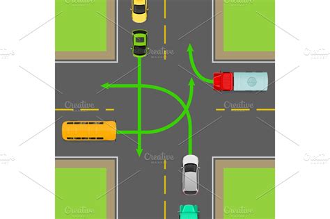 Turn Rules on Four-Way Intersection Vector Diagram ~ Illustrations ...