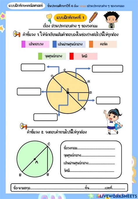 แบบฝึกที่ 1 ส่วนประกอบของวงกลม Worksheet วิทยาศาสตร์ ป 5 คณิตศาสตร์