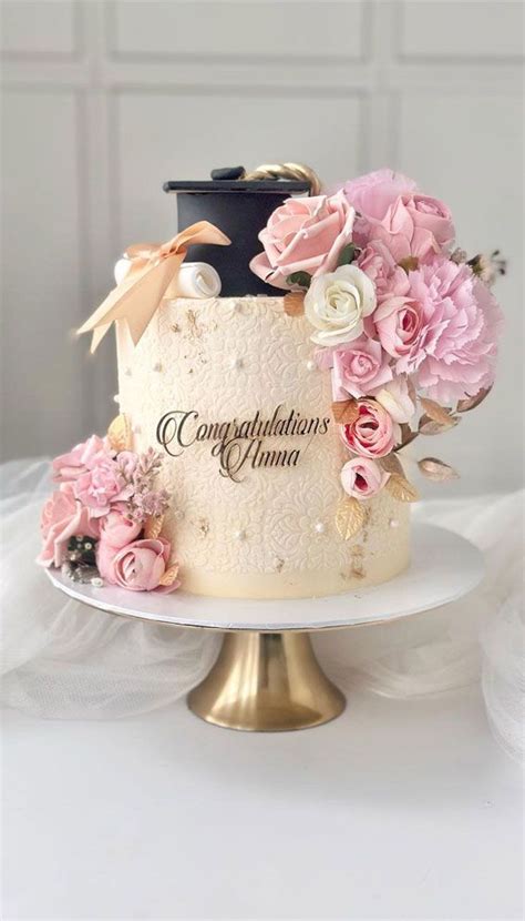 Cute Wedding Cake With Pink Flowers And Congratulations Decoration