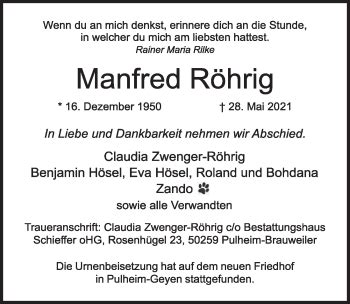 Traueranzeigen Von Manfred R Hrig Wirtrauern