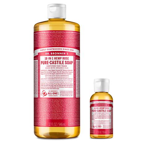 Dr Bronners Pure Castile Liquid Soap Rose Bundle 32 Oz Bottle And 2 Oz Travel Bottle