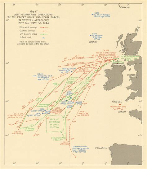 Atlantic Convoy Routes Anti U Boat Escort Air Cover Old Map