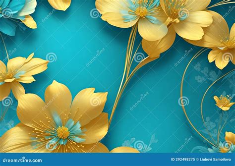 Aquamarine Turquoise Background With Golden Flowers Golden Flowers On