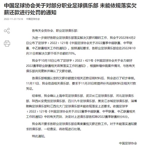 中国足协开出重磅罚单：申花等8队扣6分，河北队目前 6分 腾讯新闻