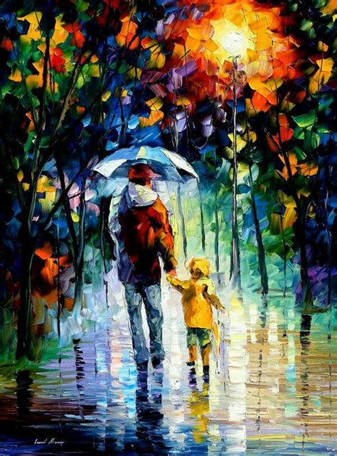 Leonid Afremov Rainy Walk With Daddy Art Painting Canvas Painting