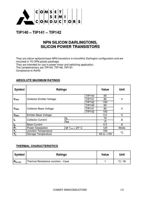 TIP141 Datasheet Pdf Comset Semiconductors