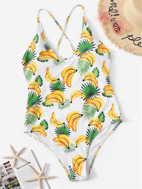 Plus Random Banana And Leaf Print One Piece Swimwear One Piece Swimwear